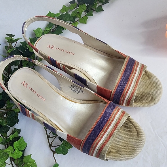 Anne Klein Fortuna Stripe Fabric Slingback Rattan Wedge Sandals Boho 6M - Picture 5 of 11